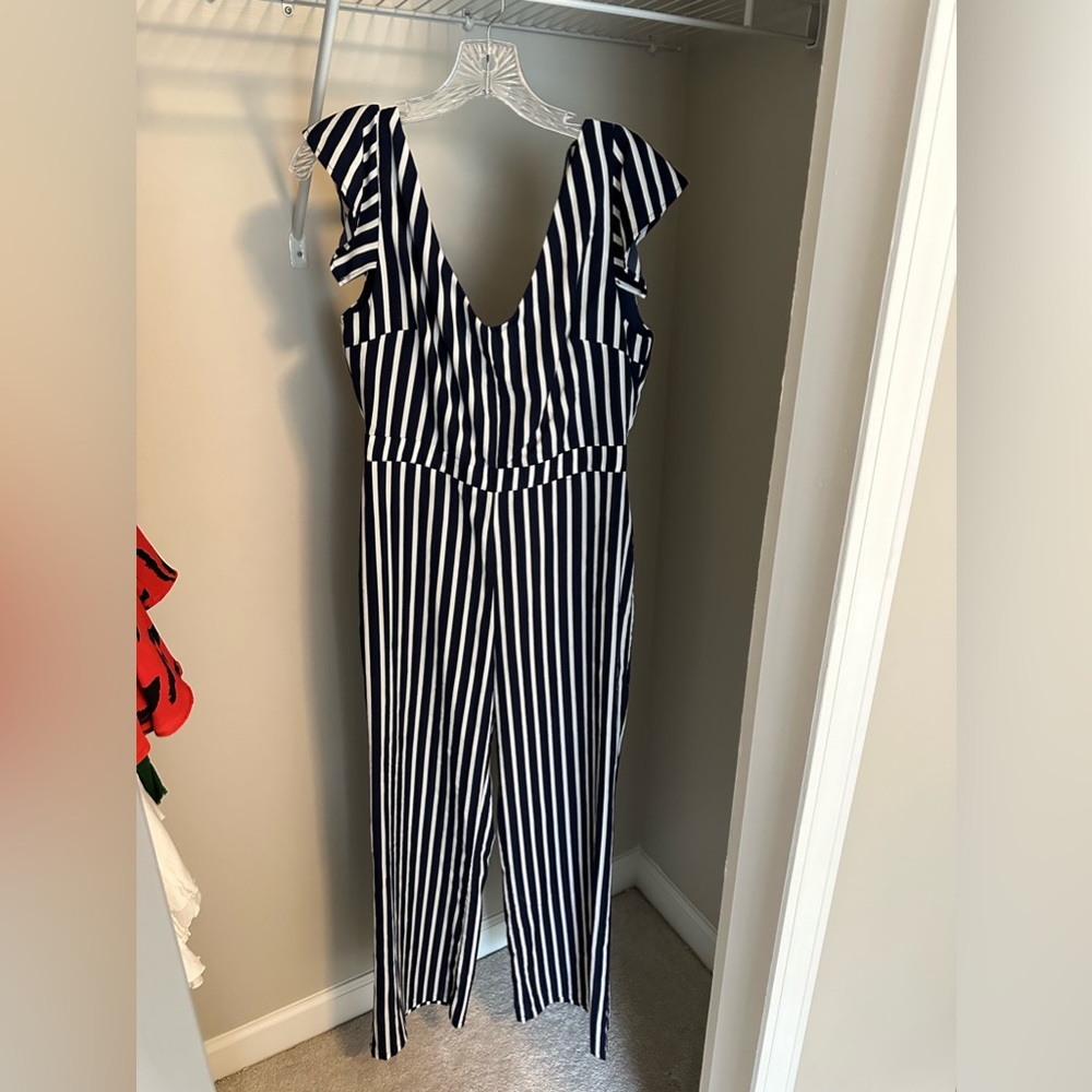 Blue and white striped jumpsuit